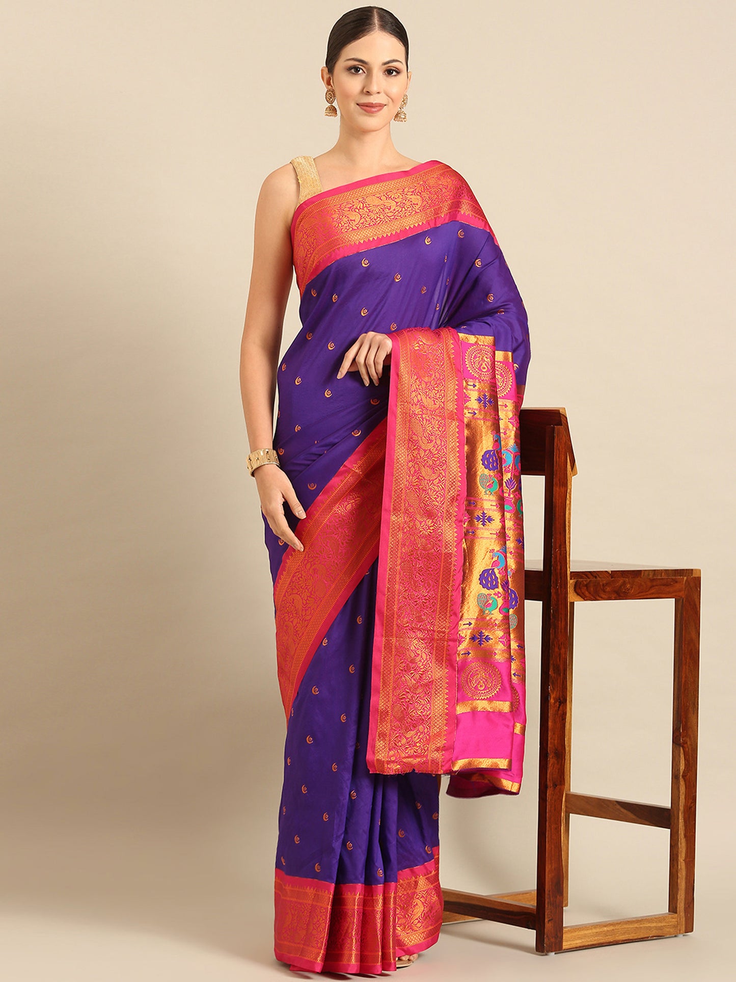 Chandrtara Indigo Blue & Pink Soft Silk Chandrakor Paithani Saree