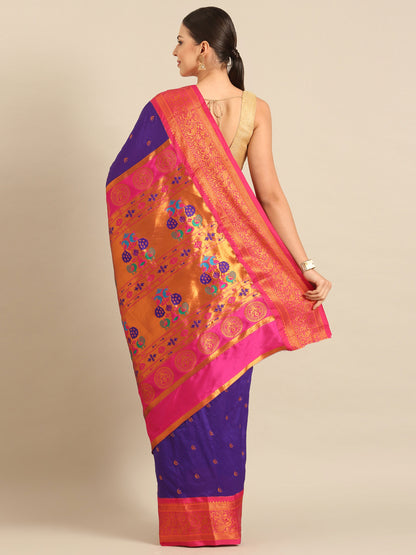 Chandrtara Indigo Blue & Pink Soft Silk Chandrakor Paithani Saree