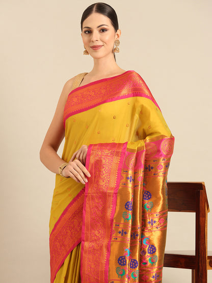 Chandrtara Mustard & Pink Soft Silk Chandrakor Paithani Saree