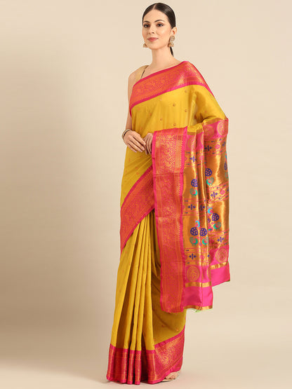 Chandrtara Mustard & Pink Soft Silk Chandrakor Paithani Saree