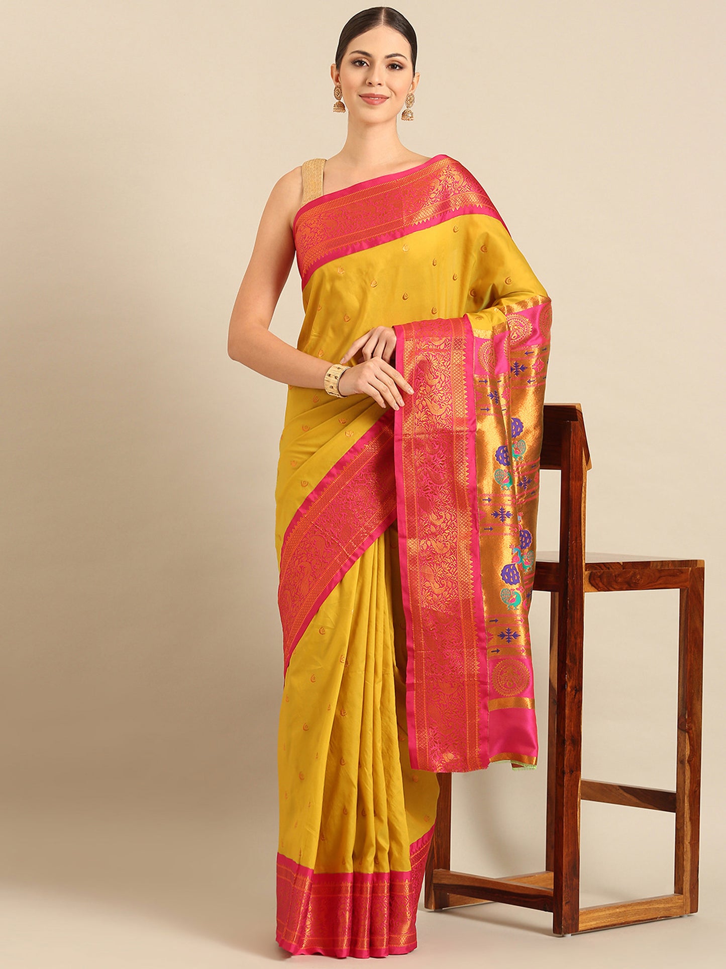 Chandrtara Mustard & Pink Soft Silk Chandrakor Paithani Saree