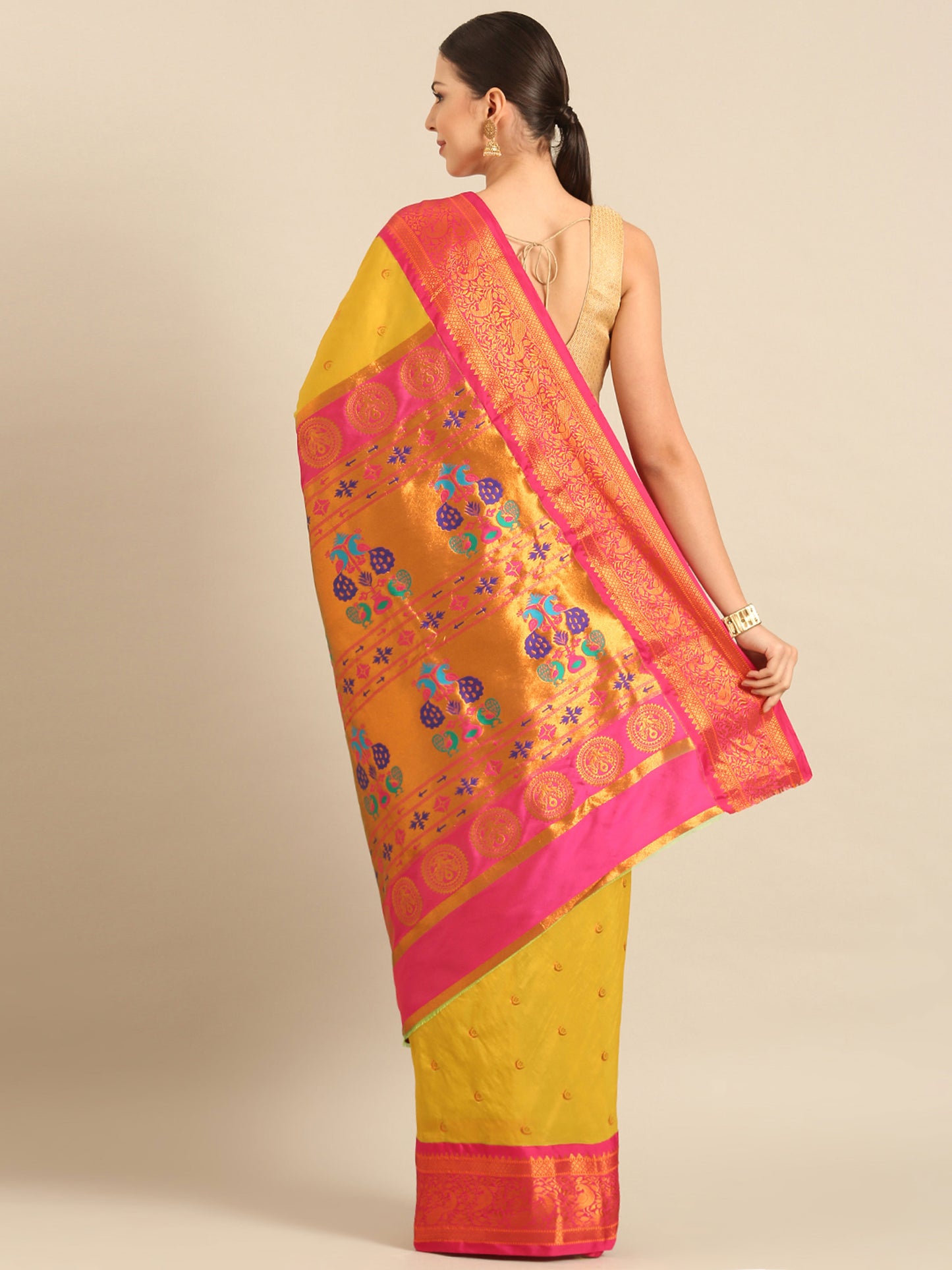 Chandrtara Mustard & Pink Soft Silk Chandrakor Paithani Saree