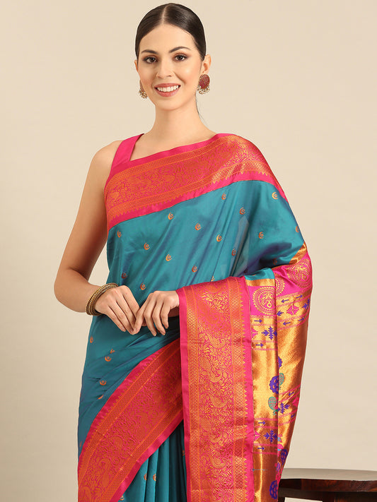 Chandrtara Rama & Pink Soft Silk Chandrakor Paithani Saree