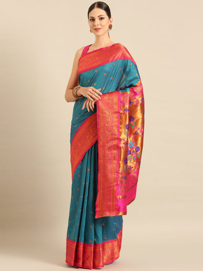 Chandrtara Rama & Pink Soft Silk Chandrakor Paithani Saree