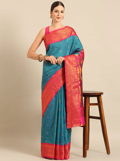 Chandrtara Rama & Pink Soft Silk Chandrakor Paithani Saree