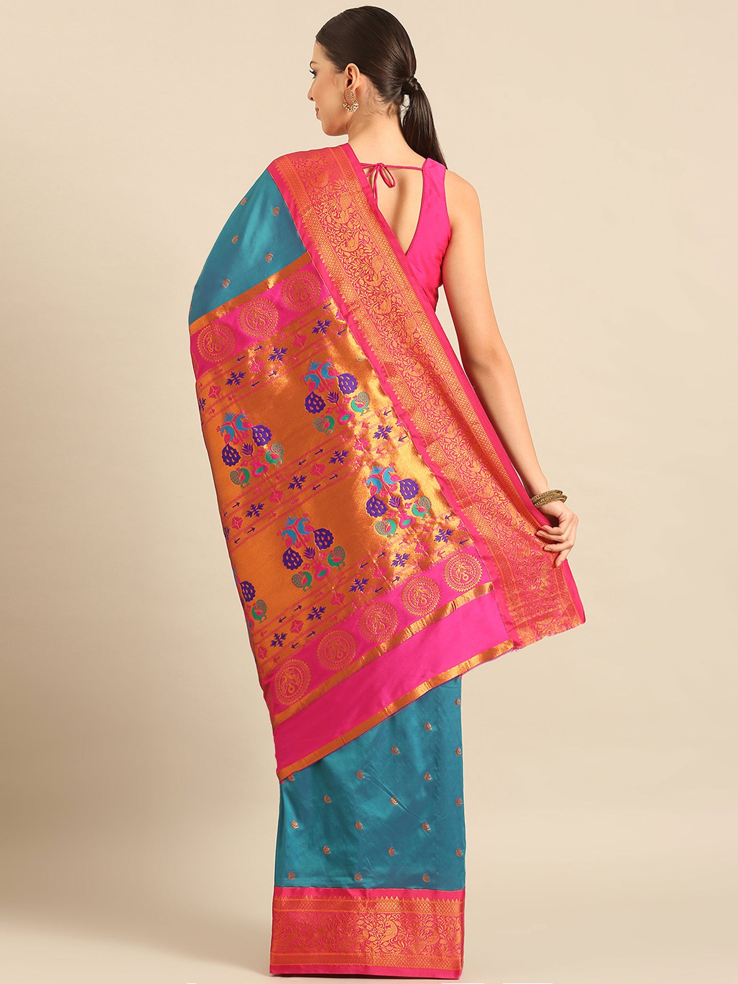 Chandrtara Rama & Pink Soft Silk Chandrakor Paithani Saree