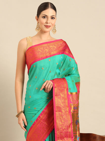 Chandrtara Sea Green & Pink Soft Silk Chandrakor Paithani Saree