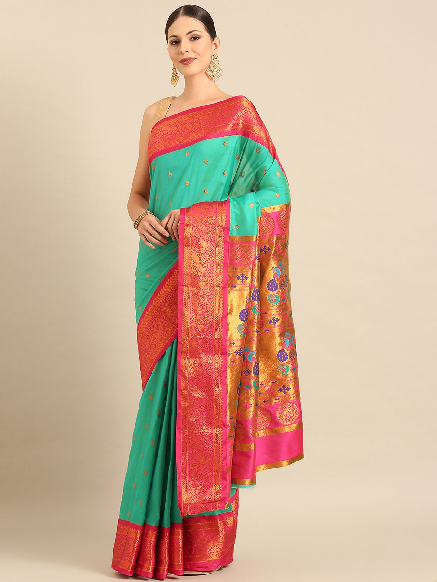 Chandrtara Sea Green & Pink Soft Silk Chandrakor Paithani Saree