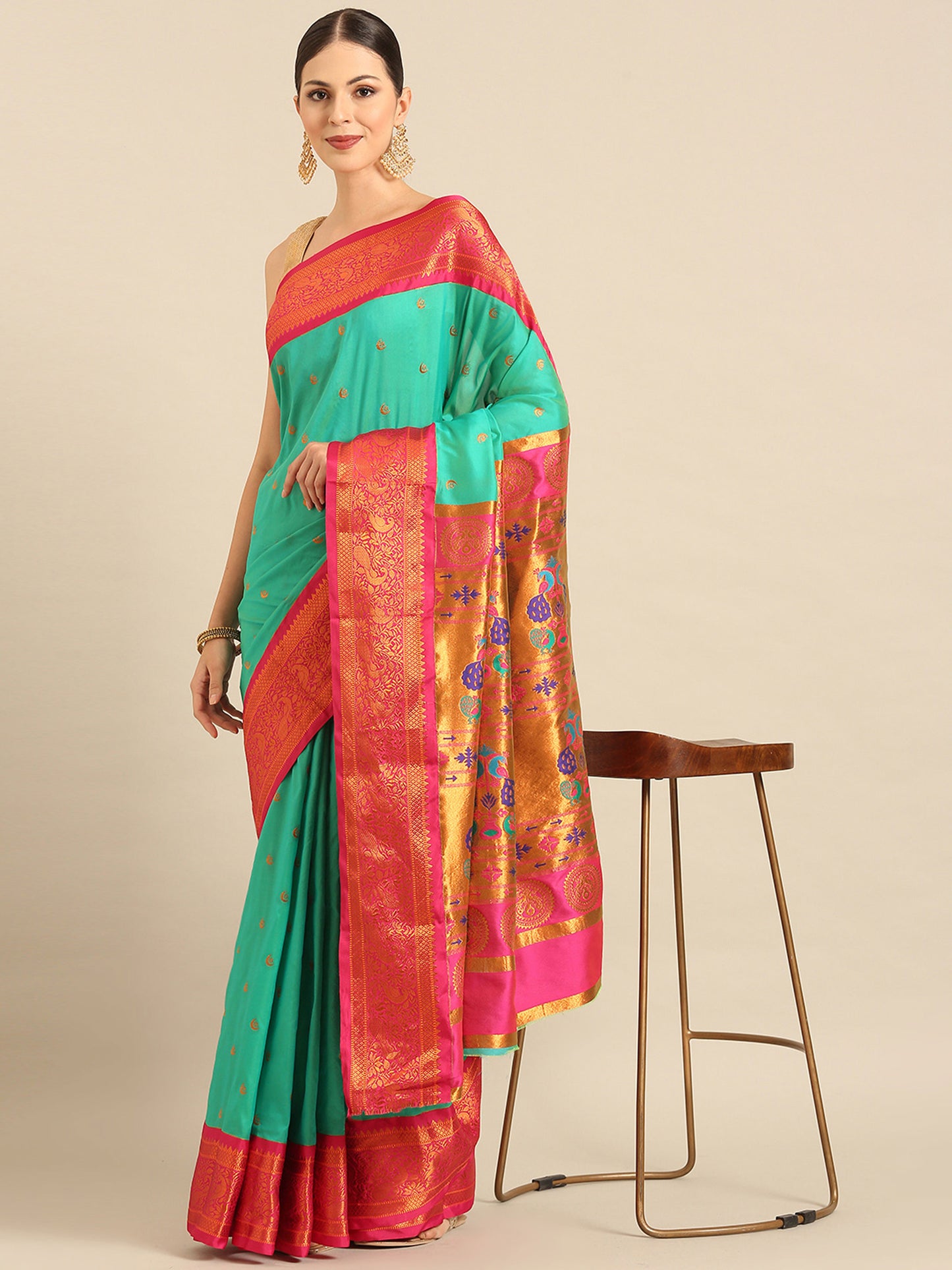 Chandrtara Sea Green & Pink Soft Silk Chandrakor Paithani Saree