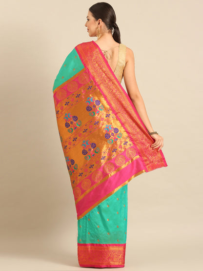 Chandrtara Sea Green & Pink Soft Silk Chandrakor Paithani Saree