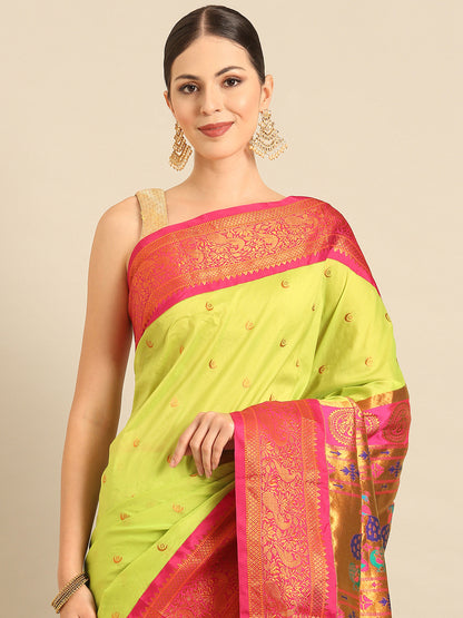 Chandrtara Parrot Green & Pink Soft Silk Chandrakor Paithani Saree