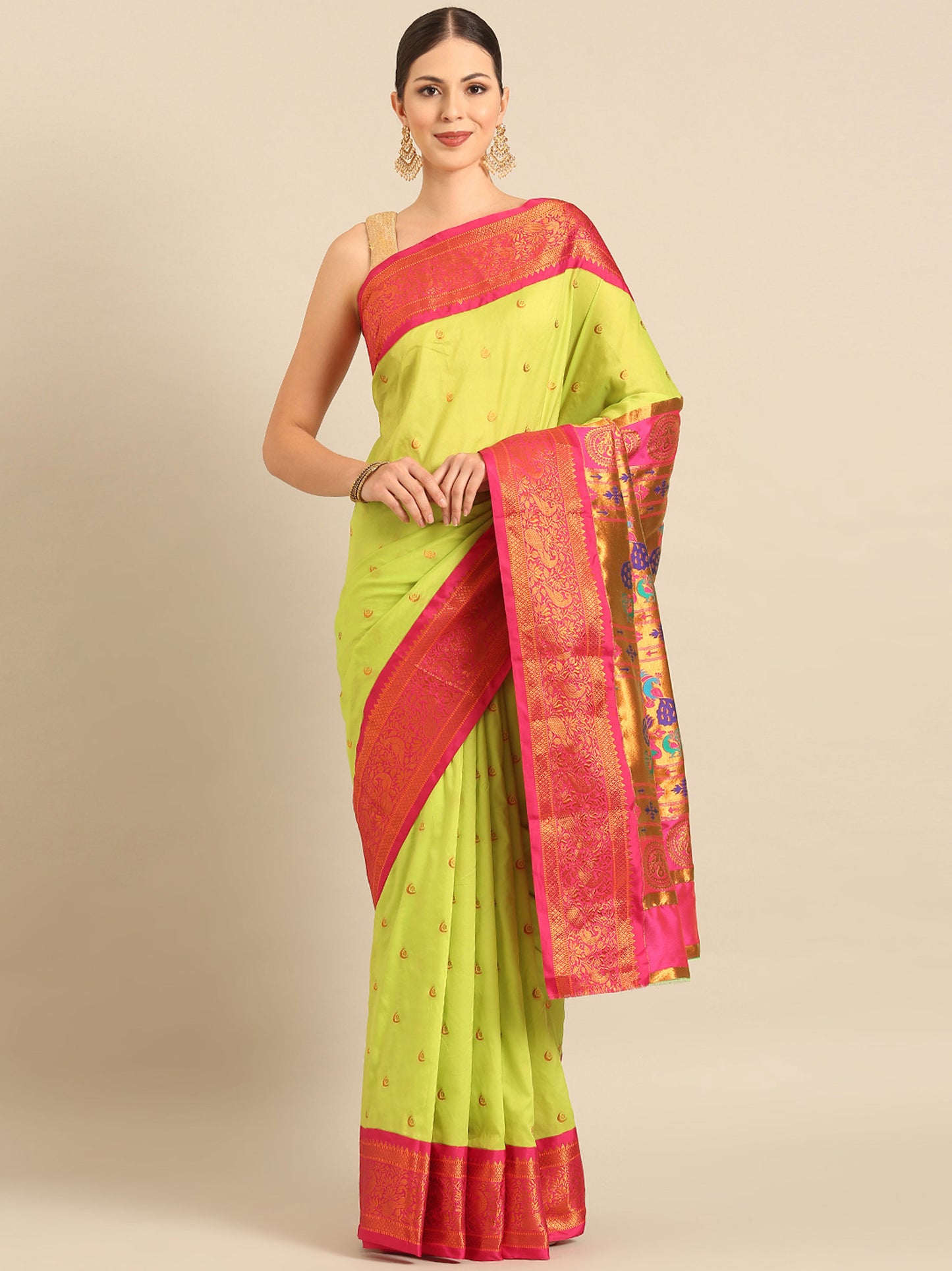 Chandrtara Parrot Green & Pink Soft Silk Chandrakor Paithani Saree