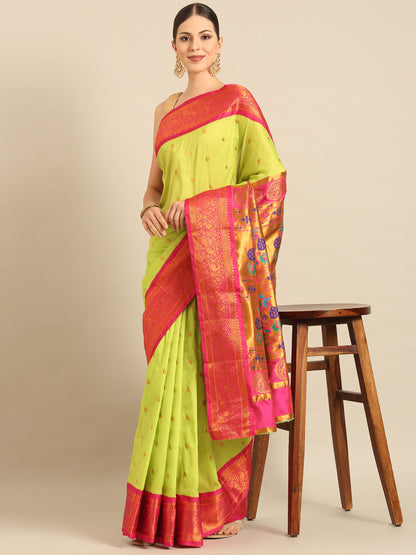 Chandrtara Parrot Green & Pink Soft Silk Chandrakor Paithani Saree