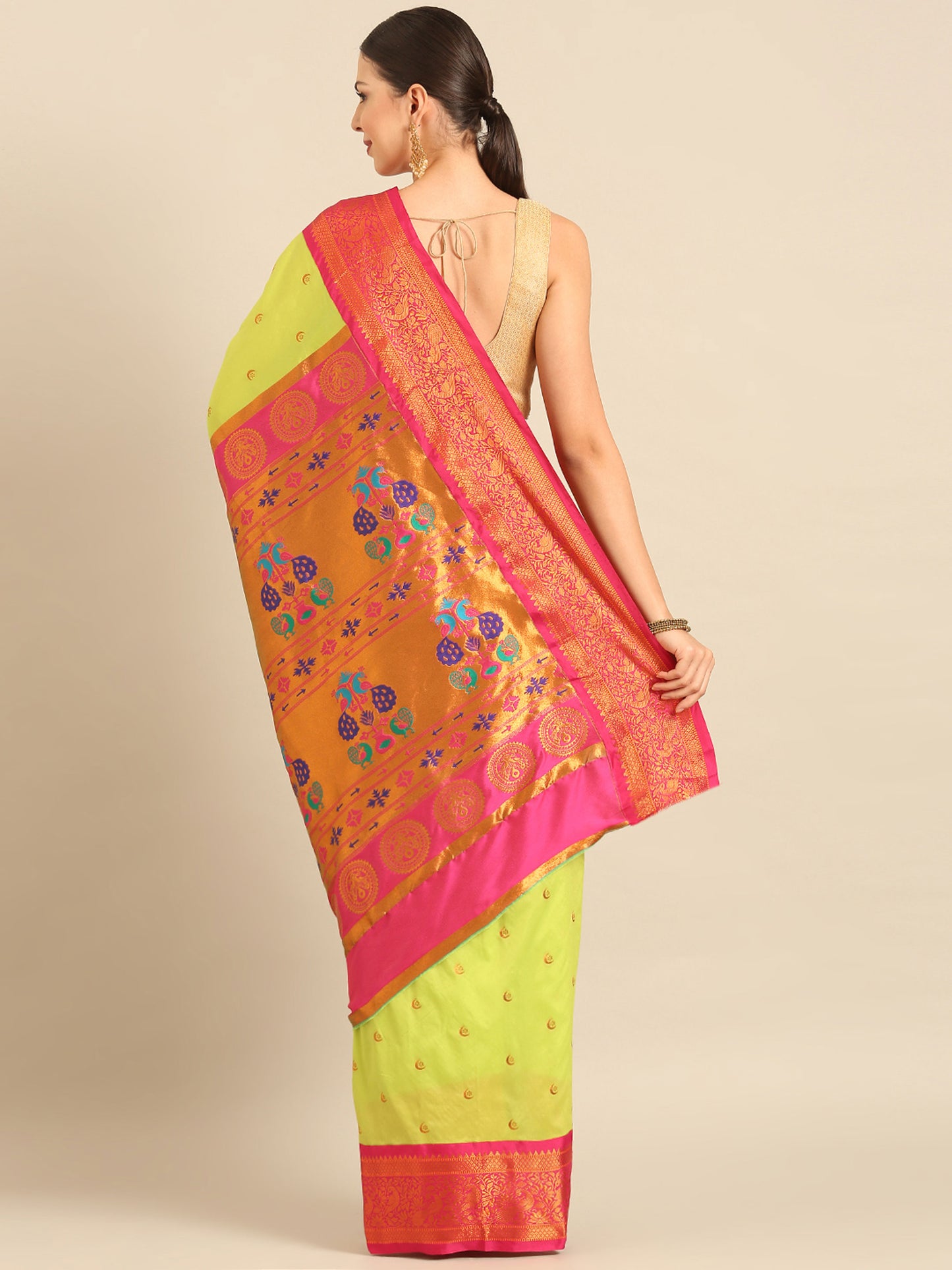 Chandrtara Parrot Green & Pink Soft Silk Chandrakor Paithani Saree