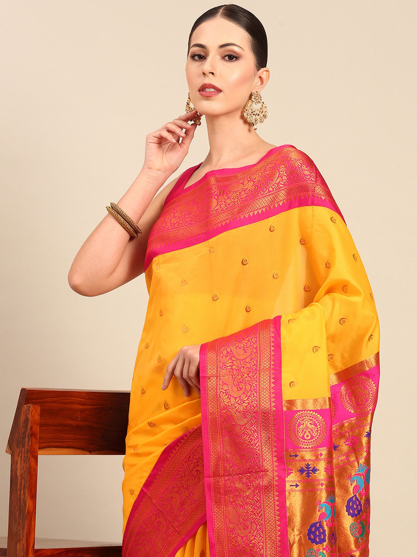 Chandrtara Haldi & Pink Soft Silk Chandrakor Paithani Saree