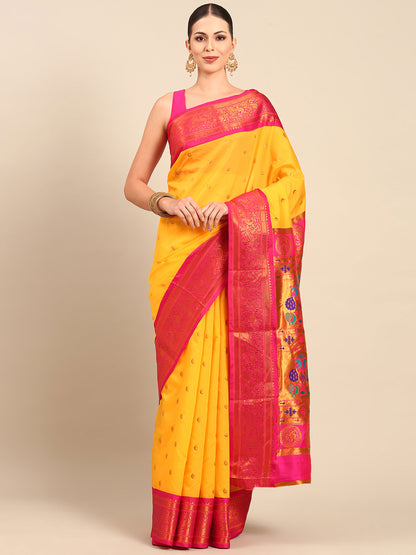 Chandrtara Haldi & Pink Soft Silk Chandrakor Paithani Saree