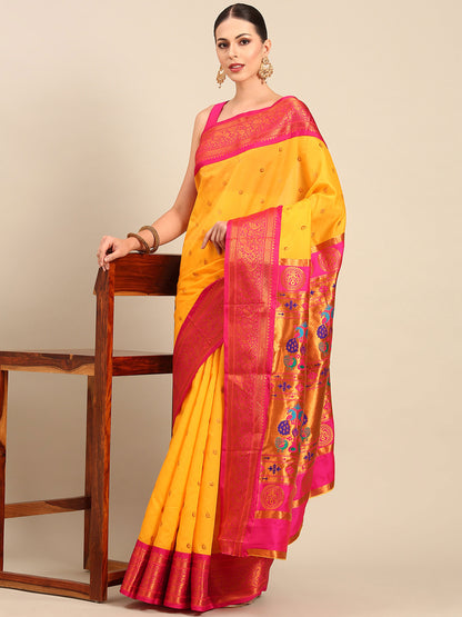 Chandrtara Haldi & Pink Soft Silk Chandrakor Paithani Saree