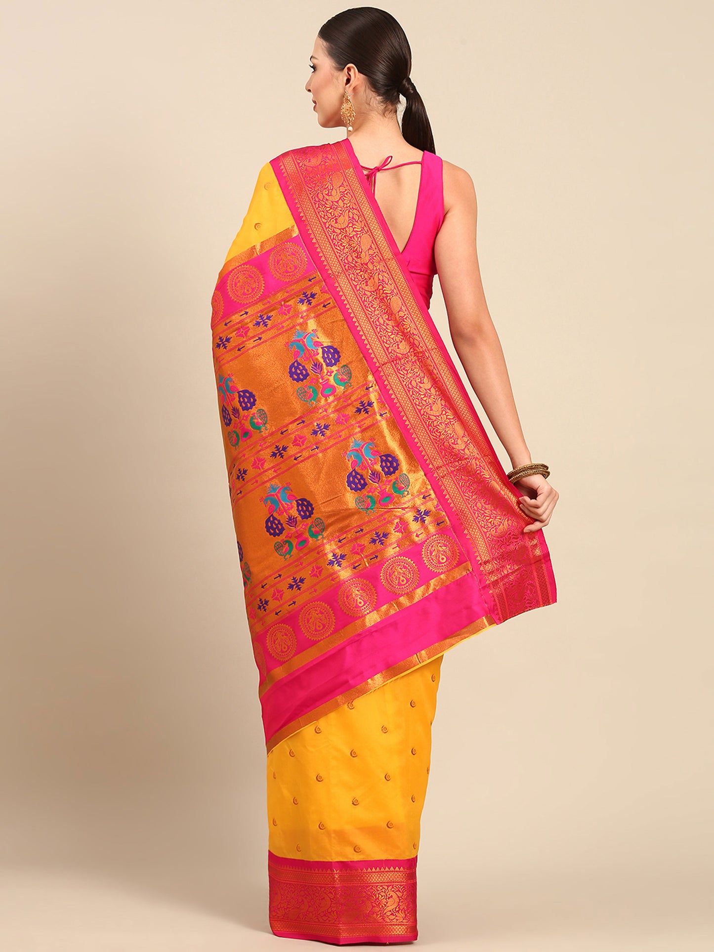 Chandrtara Haldi & Pink Soft Silk Chandrakor Paithani Saree