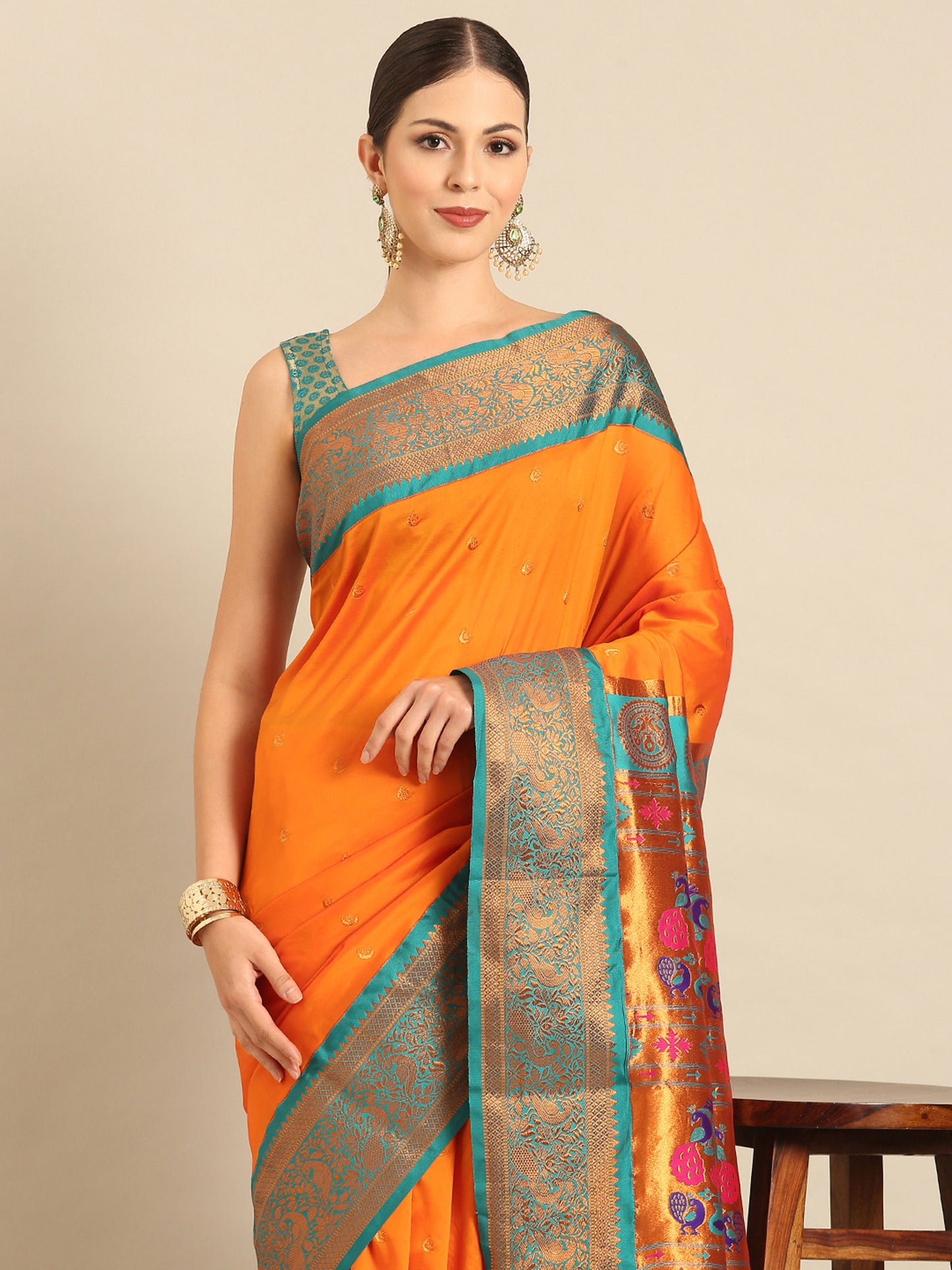 Chandrtara Orange & Rama Soft Silk Chandrakor Paithani Saree