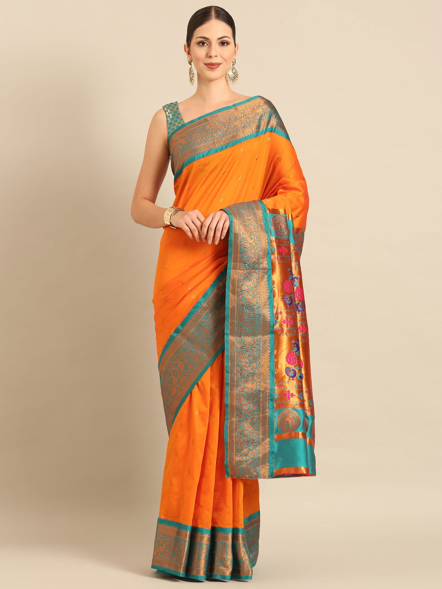 Chandrtara Orange & Rama Soft Silk Chandrakor Paithani Saree