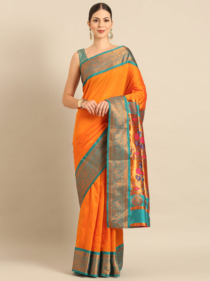 Chandrtara Orange & Rama Soft Silk Chandrakor Paithani Saree