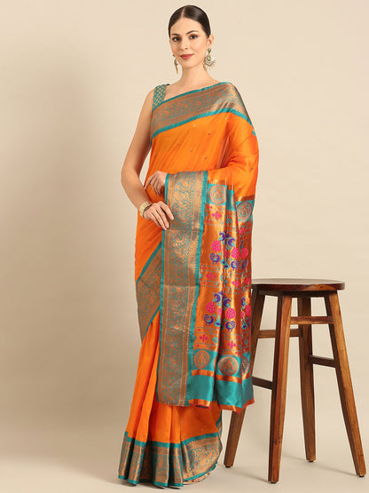 Chandrtara Orange & Rama Soft Silk Chandrakor Paithani Saree