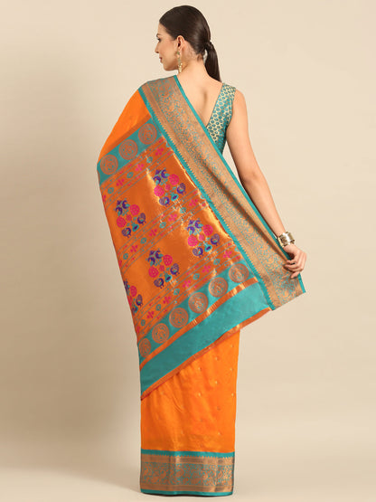 Chandrtara Orange & Rama Soft Silk Chandrakor Paithani Saree