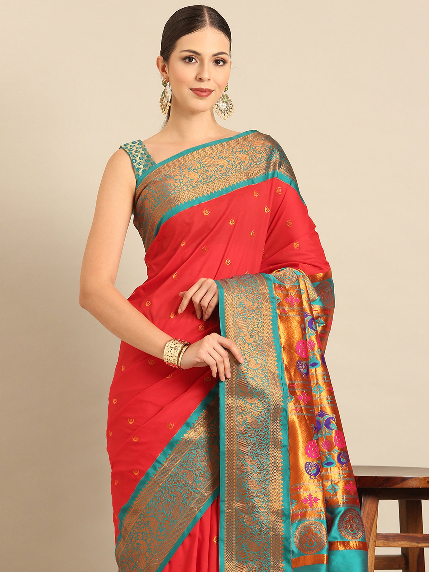 Chandrtara Red & Rama Soft Silk Chandrakor Paithani Saree