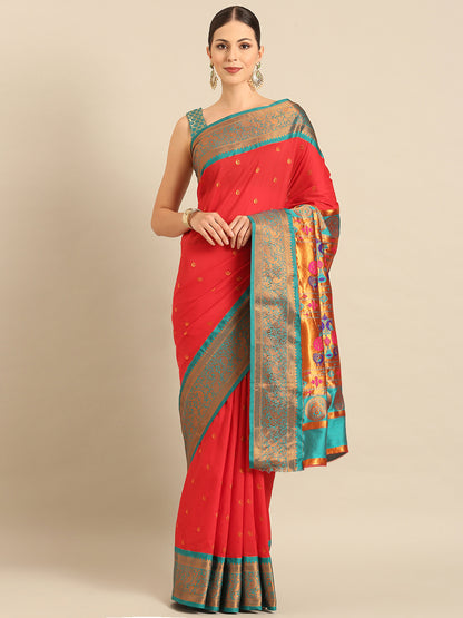 Chandrtara Red & Rama Soft Silk Chandrakor Paithani Saree