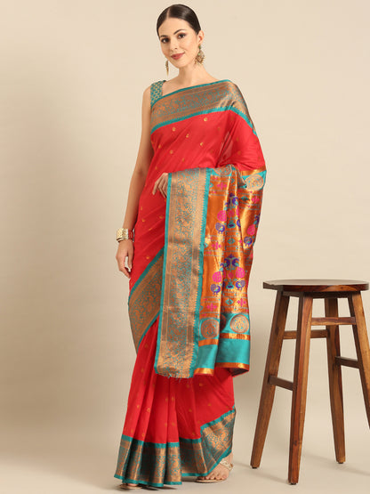 Chandrtara Red & Rama Soft Silk Chandrakor Paithani Saree