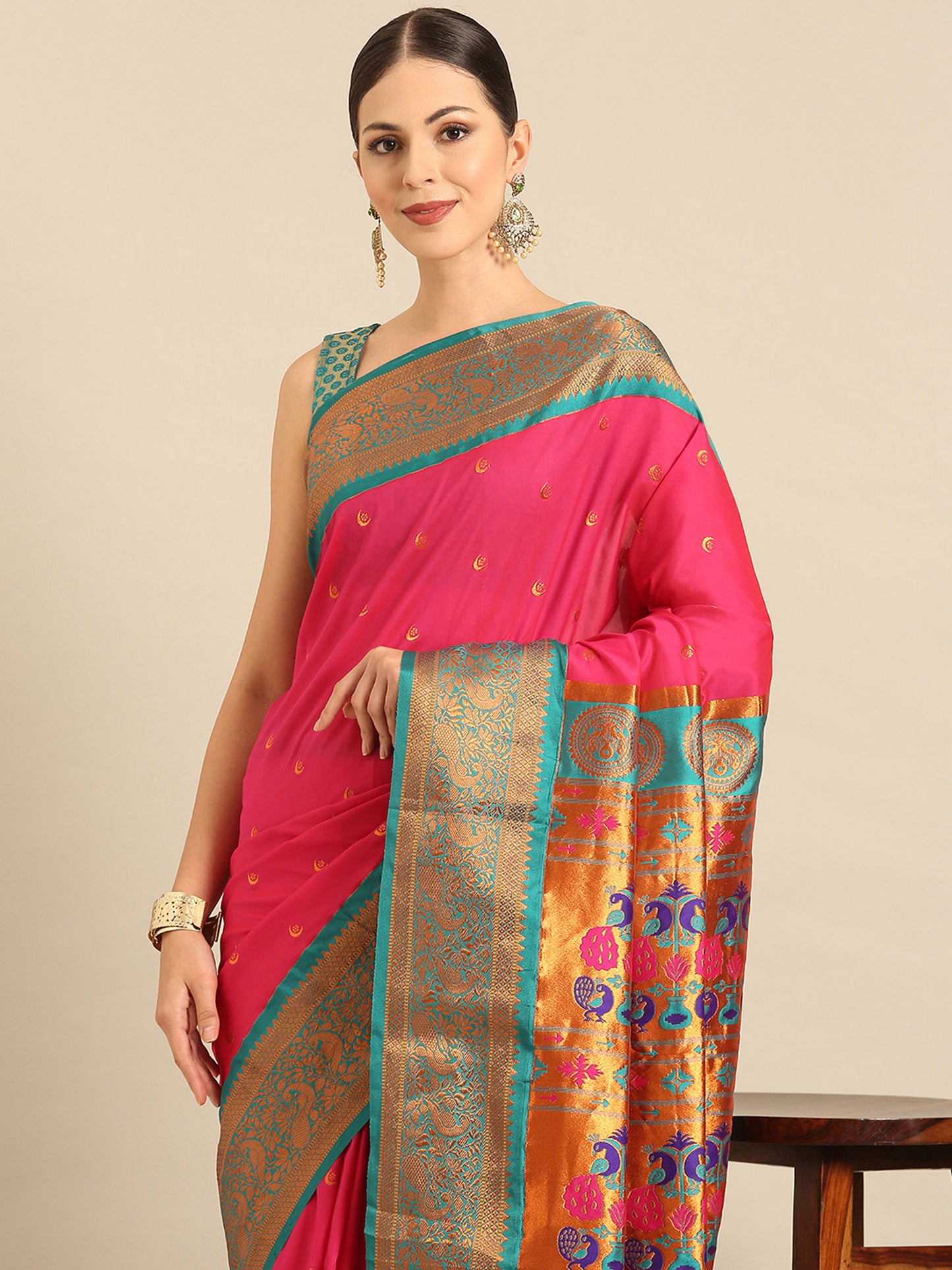 Chandrtara Hot Pink & Rama Soft Silk Chandrakor Paithani Saree