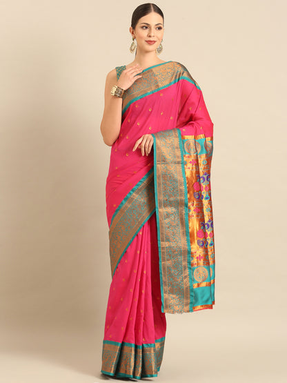 Chandrtara Hot Pink & Rama Soft Silk Chandrakor Paithani Saree