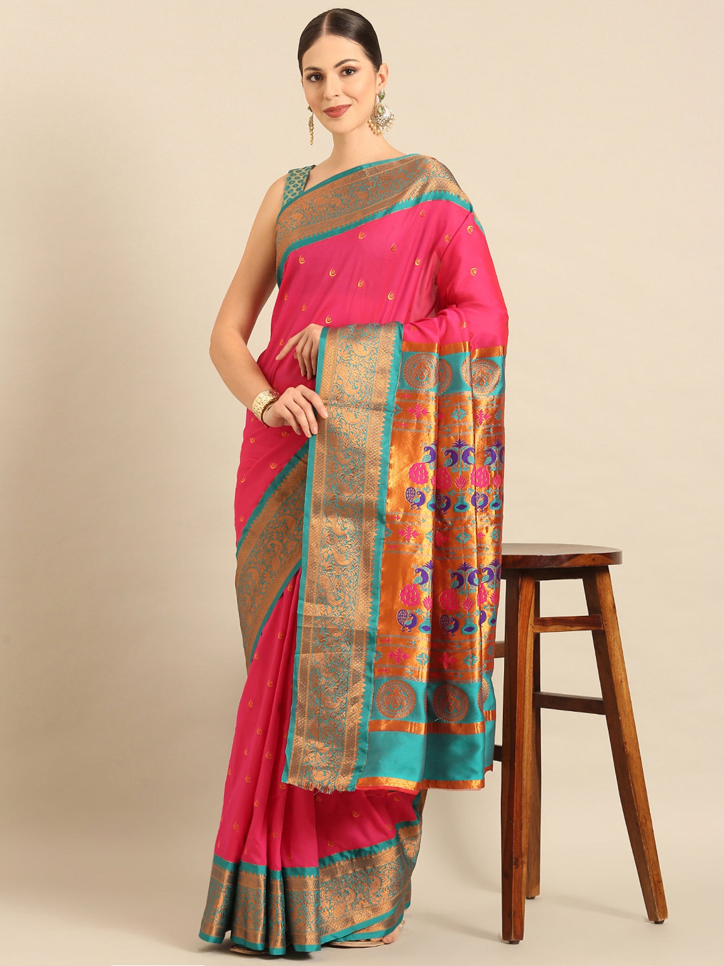 Chandrtara Hot Pink & Rama Soft Silk Chandrakor Paithani Saree