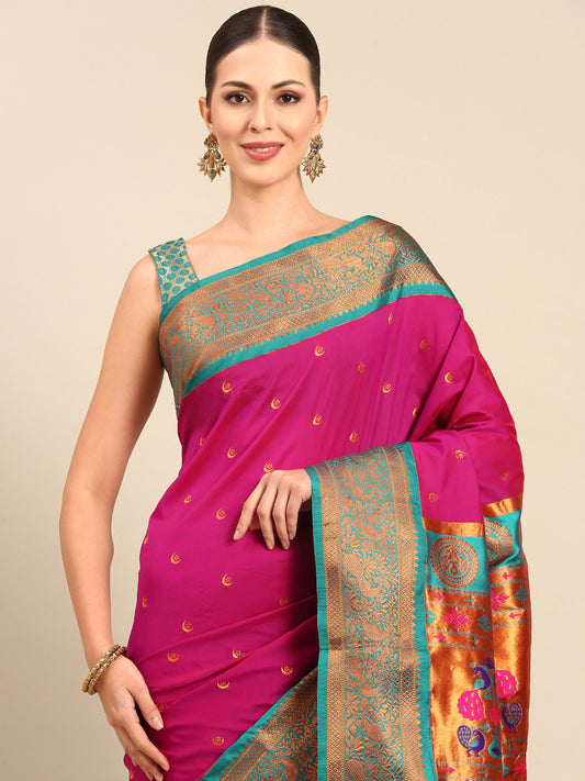 Chandrtara Magenta & Rama Soft Silk Chandrakor Paithani Saree