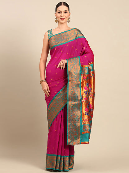 Chandrtara Magenta & Rama Soft Silk Chandrakor Paithani Saree