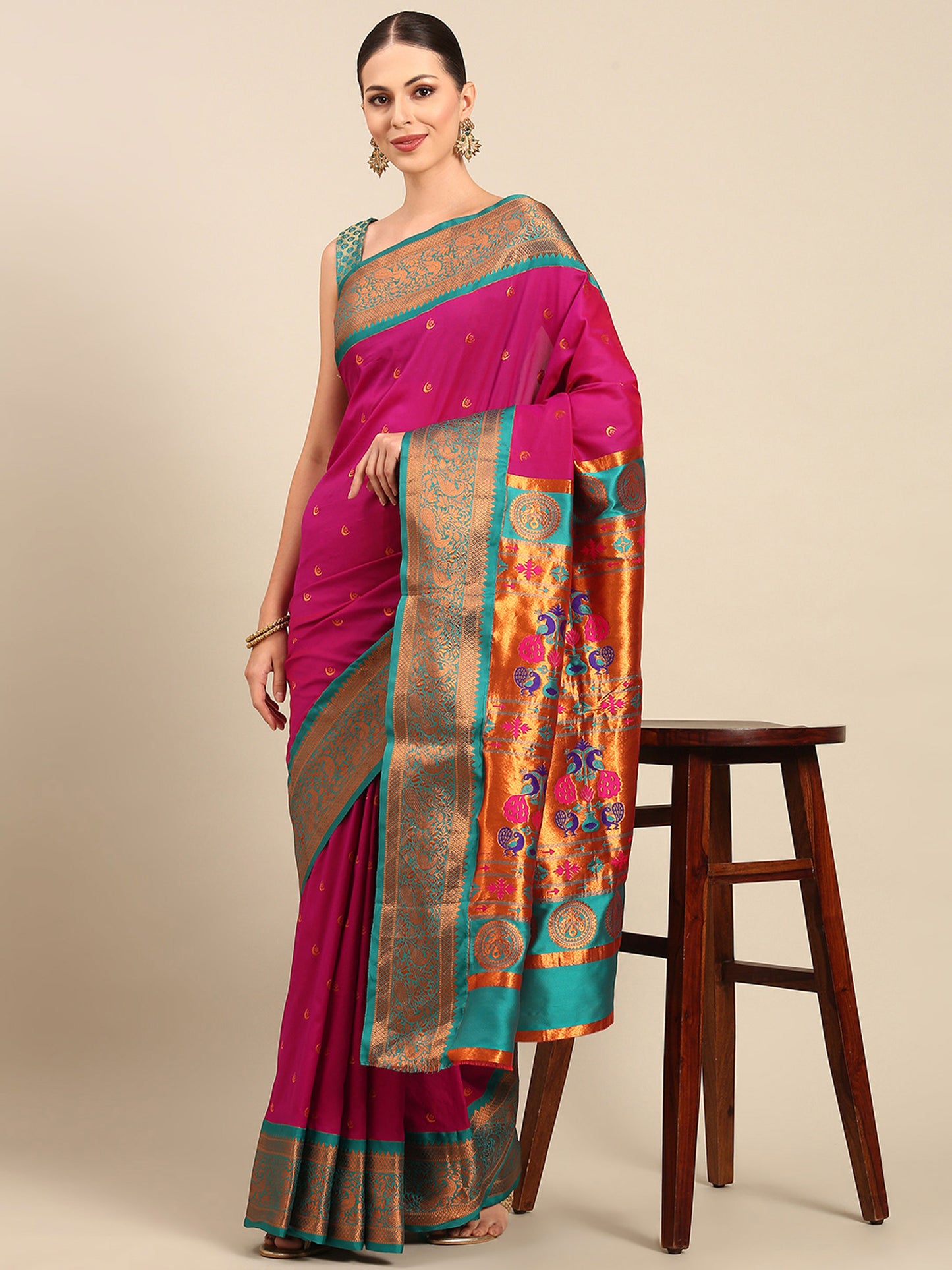 Chandrtara Magenta & Rama Soft Silk Chandrakor Paithani Saree