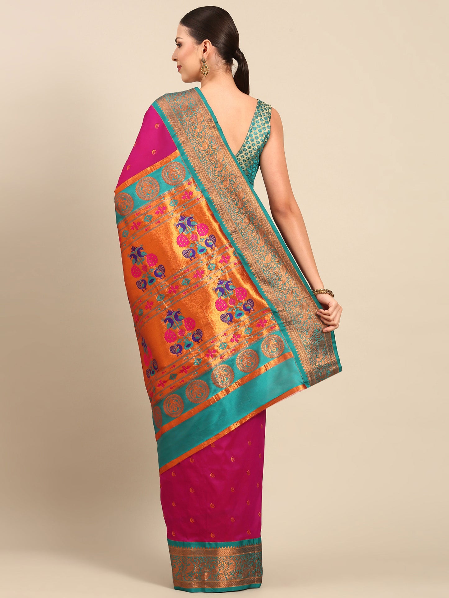 Chandrtara Magenta & Rama Soft Silk Chandrakor Paithani Saree