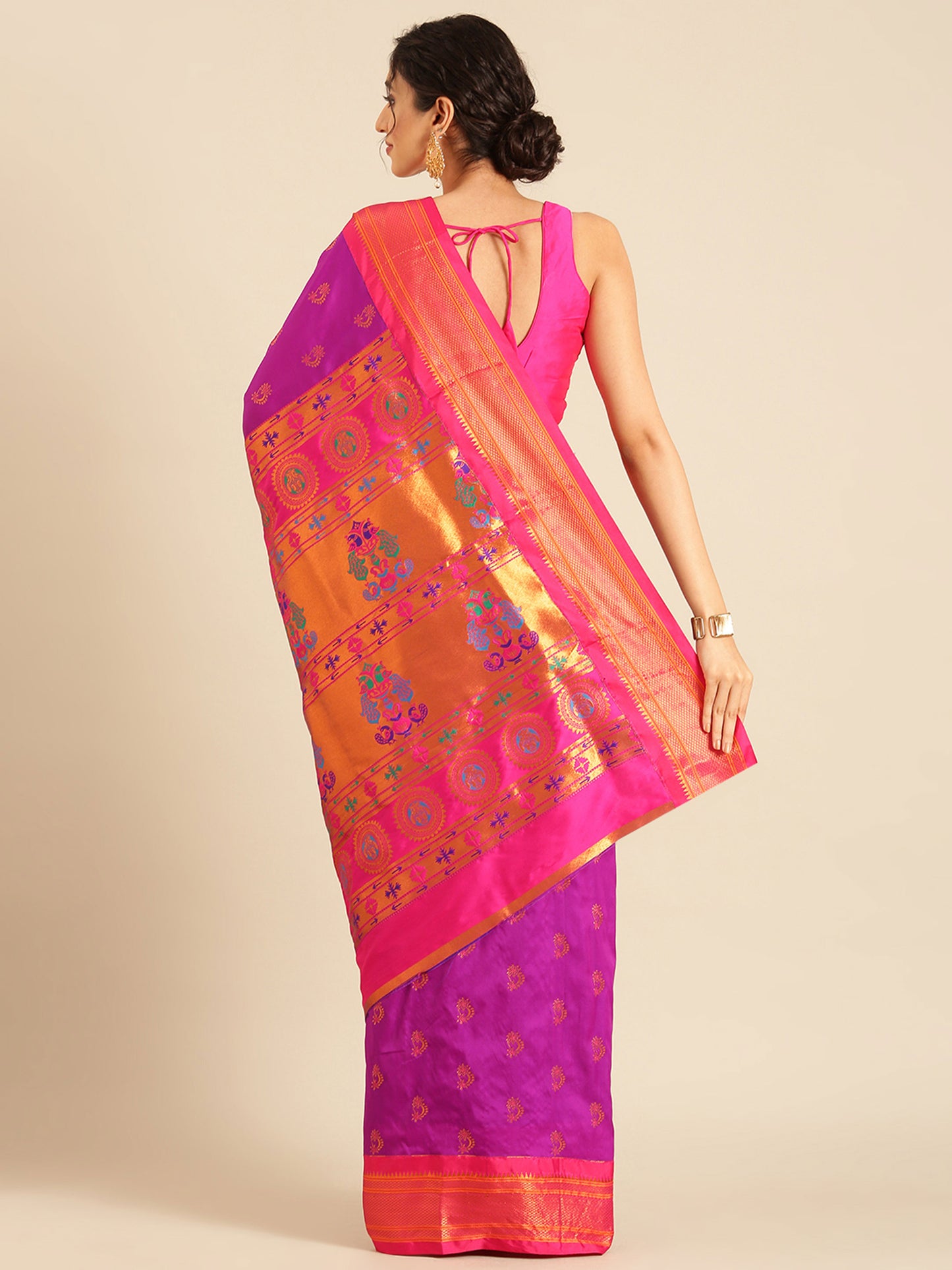 Baanai Purple & Pink Soft Silk Peshwai Nath Paithani Saree