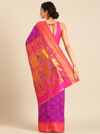 Baanai Purple & Pink Soft Silk Peshwai Nath Paithani Saree