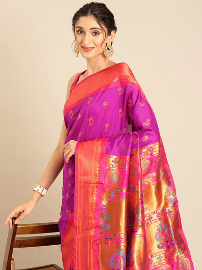 Baanai Purple & Pink Soft Silk Peshwai Nath Paithani Saree