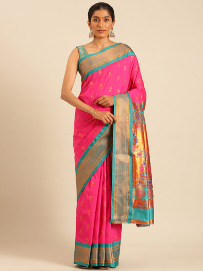 Baanai Hot Pink & Rama Soft Silk Peshwai Nath Paithani Saree
