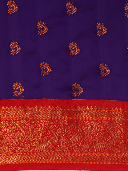 Mhalasa Indigo Blue & Red Soft Silk Peshwai Nath Paithani Saree