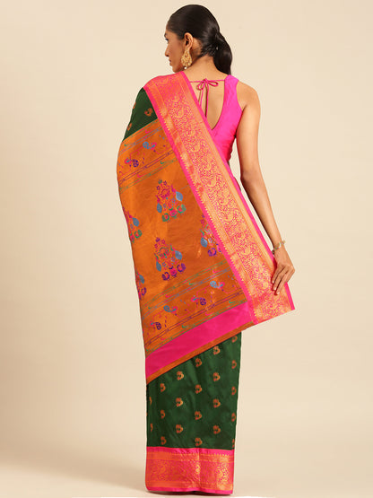 Mhalasa Bottle Green & Pink Soft Silk Peshwai Nath Paithani Saree