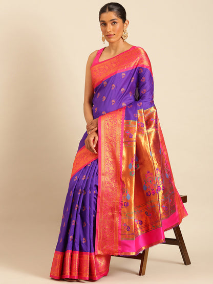 Mhalasa Indigo Blue & Pink Soft Silk Peshwai Nath Paithani Saree