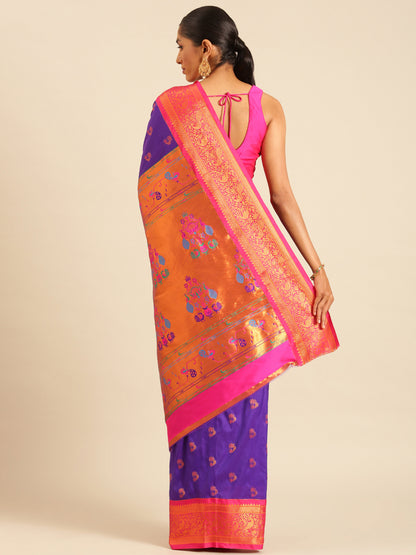 Mhalasa Indigo Blue & Pink Soft Silk Peshwai Nath Paithani Saree