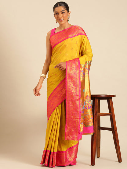 Mhalasa Mustard & Pink Soft Silk Peshwai Nath Paithani Saree
