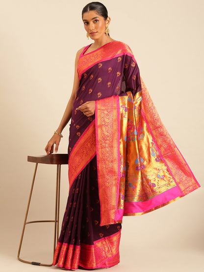 Mhalasa Maroon & Pink Soft Silk Peshwai Nath Paithani Saree
