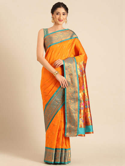 Mhalasa Orange & Rama Soft Silk Peshwai Nath Paithani Saree