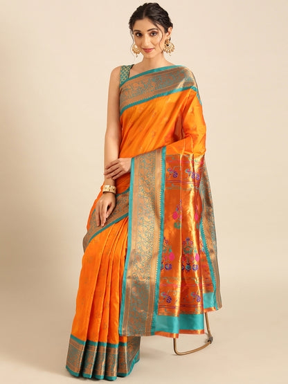 Mhalasa Orange & Rama Soft Silk Peshwai Nath Paithani Saree