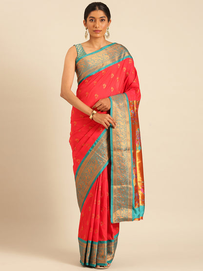 Mhalasa Red & Rama Soft Silk Peshwai Nath Paithani Saree